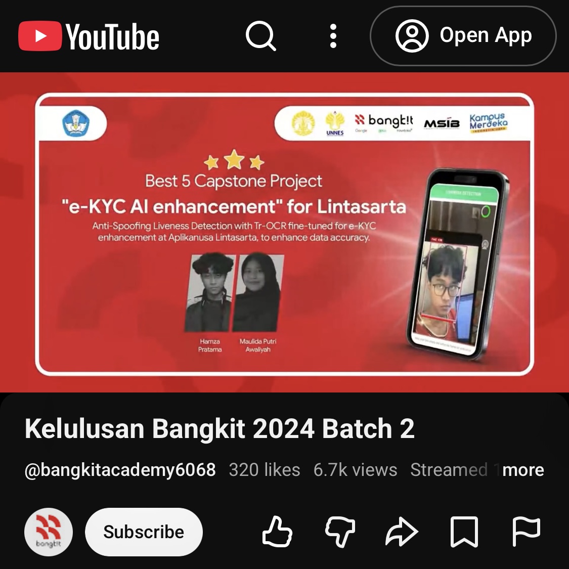 Bangkit 2024 Batch 2 graduation broadcast announcing e-KYC AI Enhancement for Lintasarta as a Best 5 Capstone Project